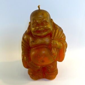 VTG Happy Buddha Shaped Amber Colored‎ Candle Chinese Buddhism Decor